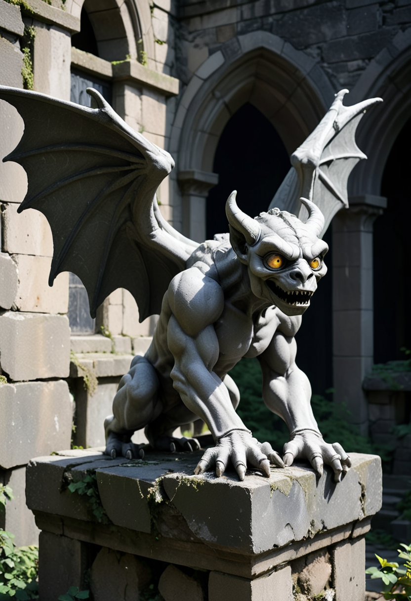 (medium full shot) of (ancient slate grey rough stone gargoyle) with quadrupedal body, majestic wings, heterochromia eyes, curved horns, clubbed tail claws, set in  abandoned castle ruins, with crumbling towers, overgrown courtyard, ghostly light, hidden secrets, ,Masterpiece,best quality, raw photo, realistic, very aesthetic