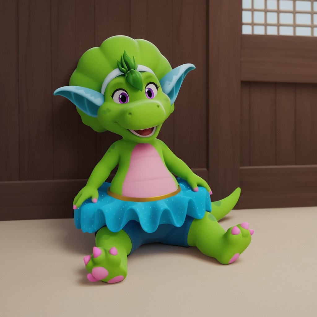 score_9, score_8_up, score_7_up, score_6_up, score_5_up, score_4_up, source_furry, bopbw, semi-anthro, female, dinosaur, green skin, green hair tuft, purple eyes, sitting, inside, on floor, pointy ears, blue skirt, blue shorts,