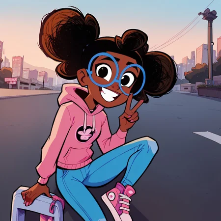 score_9, score_8up, score_7up, score_6up, 1girl, black eyes, lunella, dark skin, glasses, black hair, solo, glasses, pink hoodie, grey jeans, pink shoes, cowboy shot, peace sign, city streets, looking at viewer, smiling, blue framed glasses, skating, 
outdoors, beach , sunny day, overcast, leaning back, front view