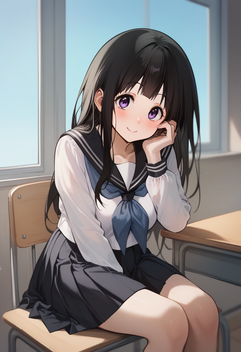 score_9,score_8_up,score_7_up,<lora:chitanda_eru_pony:1>,pleated_skirt, cowboy_shot, serafuku, window, hand_on_own_face, highres, chitanda_eru, black_skirt, school_desk, kamiyama_high_school_uniform_\(hyouka\), sitting, smile, 1girl, solo, black_sailor_collar