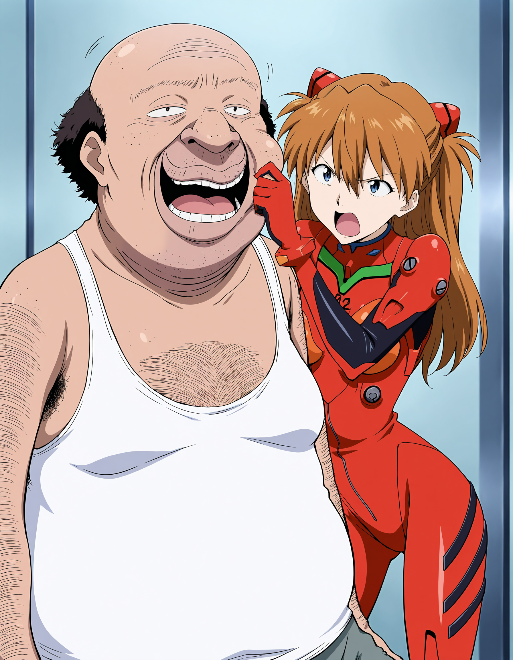 masterpiece, best quality,anime screencap, anime coloring,portrait,
1girl,souryuu asuka langley, long hair, bangs, blue eyes, brown hair, hair ornament,
bodysuit, pilot suit, plugsuit, red bodysuit, interface headset,
<lora:Ossan-IL-Vol01:0.9>Ossan-IL-Vol01,1boy,fat man,old man,ugly man,hentai,ossan,stubble,facial hair,bald,beard stubble,big nose,dark-skinned male,arm hair,chest hair,hairy,(black hair:0.8),
(freckles:0.7),(sanpaku:0.8),white tank top,gray shorts,
angry,cheek pinching,standing,motion lines, dynamic pose,