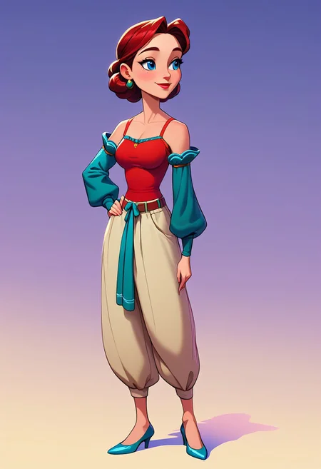 score_9, score_8_up, score_7_up, mgas, masterpiece, best quality, detailed eyes, detailed face, perfect eyes, high detailed, absurdres, highres, casual game art, mobile game art, merge 3 game art, character design, BREAK 1girl, woman, mature, solo, pretty, small smile, medium breasts, dark red hair, medium hair, a long curl on the right side of the face, a lush bun on the back of the head with a green elastic band, blue eyes, blush, a green blouse with voluminous sleeves, ((elbow-length sleeves, a red knitted tank top with straps over a blouse:1.5)), a brown belt with a gold buckle, light brown trousers, green pumps with red medium heels, BREAK ((right hand holding a blue glass clear glass)), left hand is on the hip, ((a small white kitchen towel is hanging on the forearm of the left hand)), standing, full body shot, full body, semi-sideways, half-sideways, looking to the right, BREAK simple background, dark blue gradient background