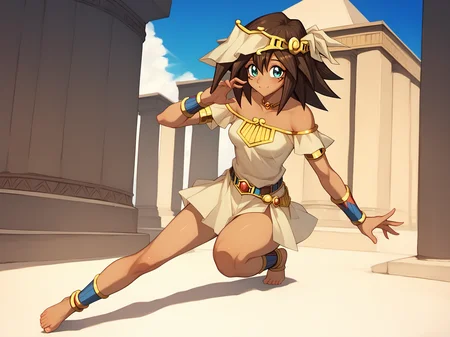 Mana, 1girl, dark skin, score_8_up,  score_7_up, brown hair, light smile, Egypt <lora:ManaSDXLPony-8-8-c-Test:0.9>, cute pose, full body, anklet, belt