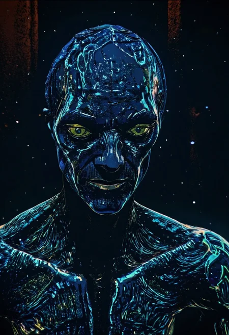 darkcomic, a close-up of a humanoid alien's glowing bioluminescent skin, with radiant textures and patterns