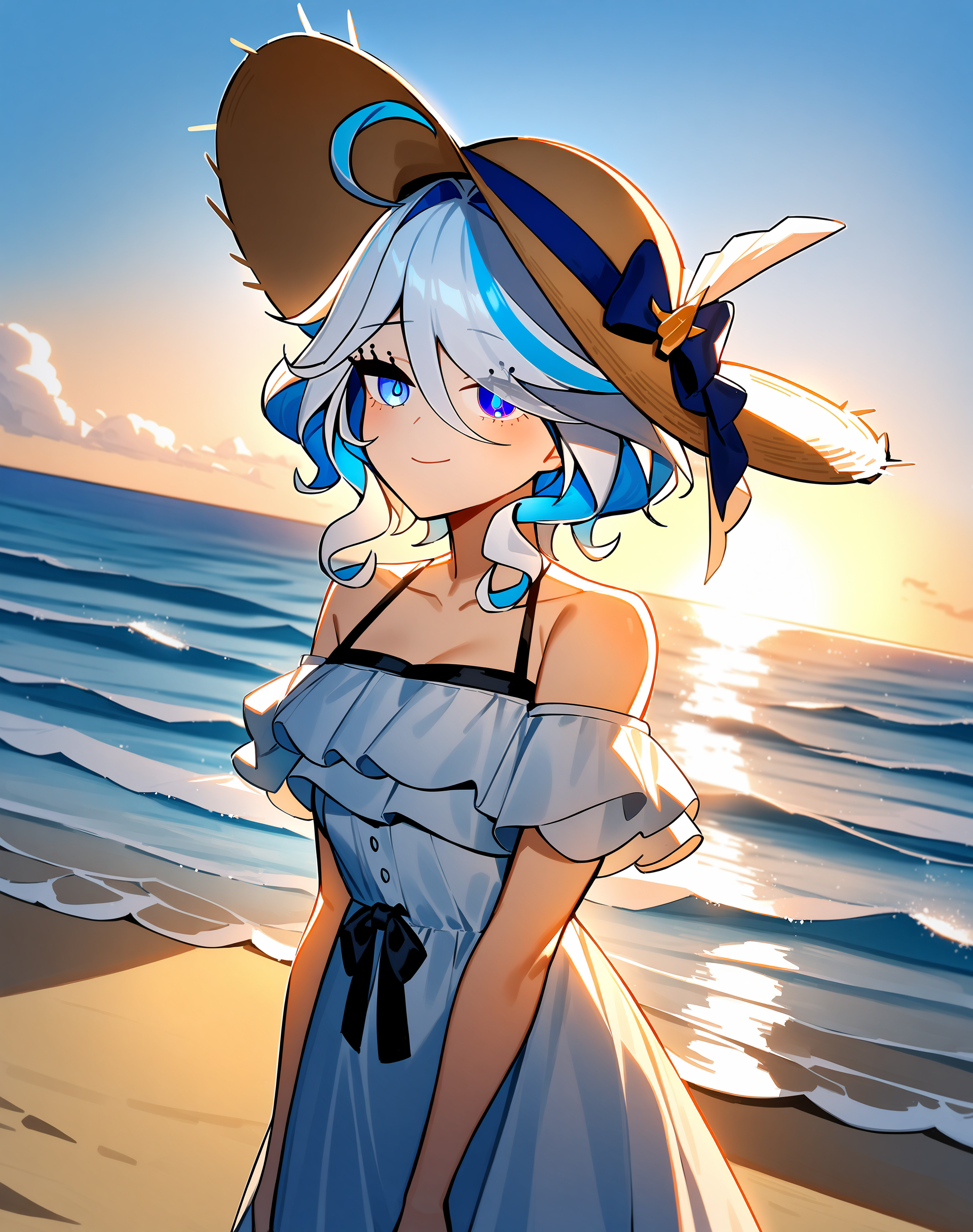 furina,1girl,solo,<lora:Furina_lastest:1>,ocean,sunlight,sun hat,off-shoulder_dress,