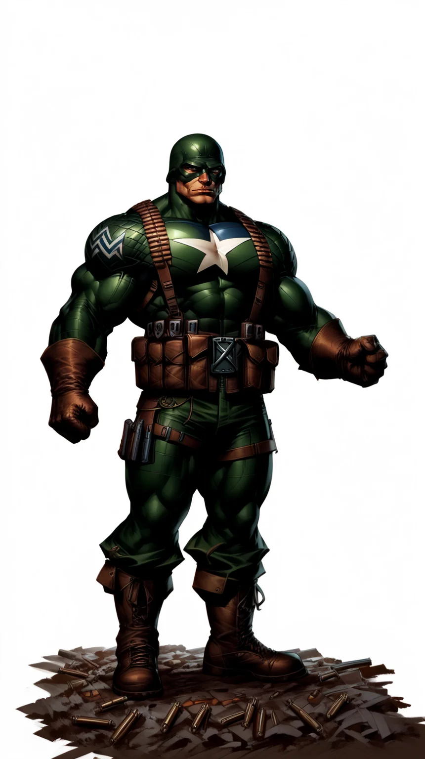 score_9, score_8_up, score_7_up, a man with a strong jaw in a tactical navy blue (muscled superhero costume with green armored highlights:1.2), (m1 helmet:1.4), (superhero domino mask:1.2), leather gloves, laced combat boots, bullet bandolier across his chest, (eagle crest on chest:1.2), gunslinger belt, huge biceps, (white background:1.2), character design, concept art, detailed face, high Detail, Sharp focus, dramatic pose, (full body shot:1.2), (solo:1.2), <lora:ArtgermLycoXL:0.5> <lora:c0rb3nXLP:0.5> c0rb3n <lora:detailed_hands:1> hands, <lora:ComicsPonyXL_V2:0.7> Comistyle <lora:WW2_Superhero_Costume-000016:1>