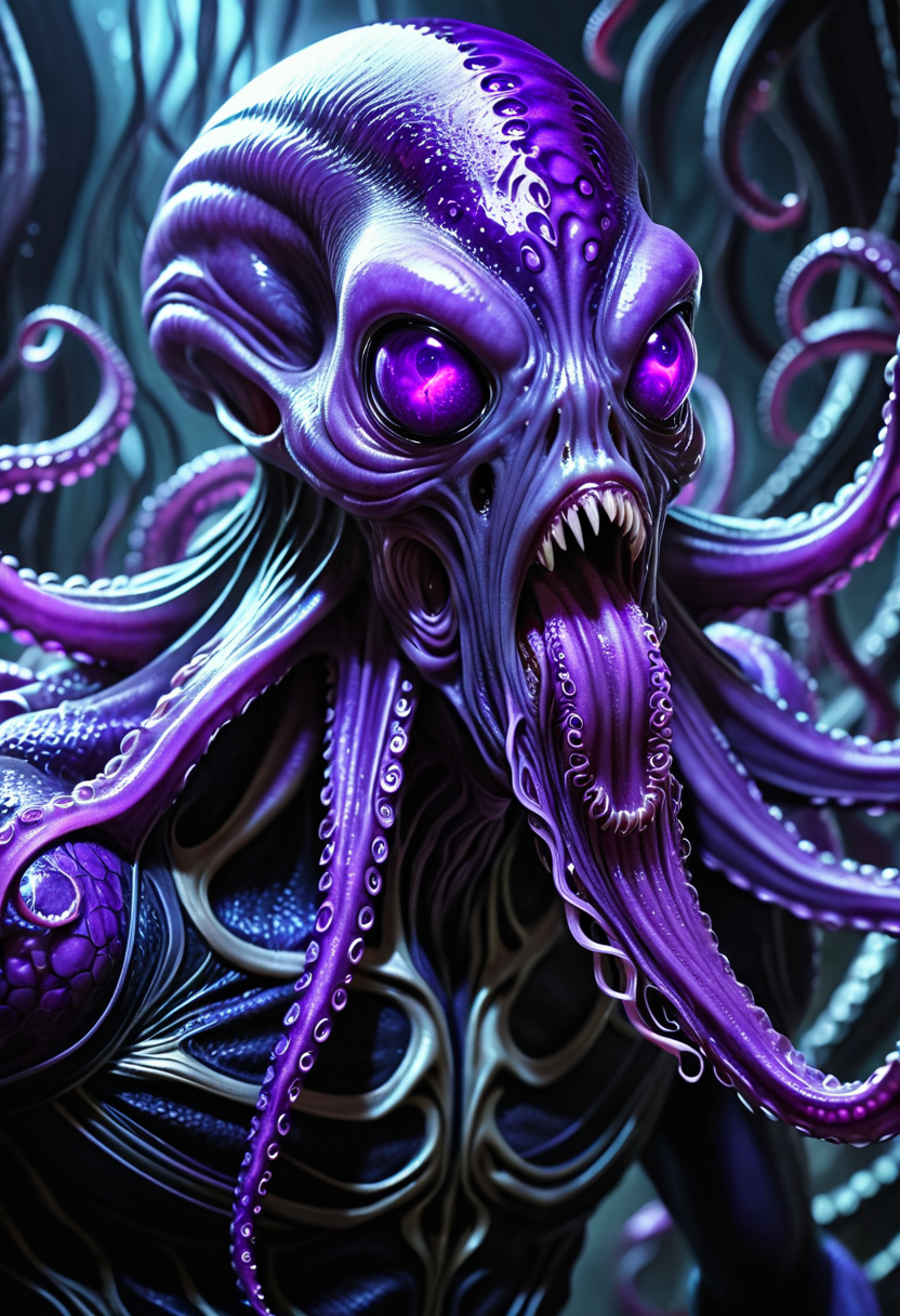 dark, leathery skin, four long tentacles extending from mouth, nightmarish and surreal, slender, alien physique, intense macro shot focusing on psionic energy, tentacled face, pulsing eldritch purple highlights, pulsating psionic chambers, elongated cranium, looming forward menacingly fantasy_random_lora, realistic, uhd, 8k, masterpiece, intricately detailed, cinematic, best quality, absurd resolution, fantasy art, fantasy race concept, artfully_mindflayer,  <lora:artfully_MINDFLAYER_SDXL:0.8>
