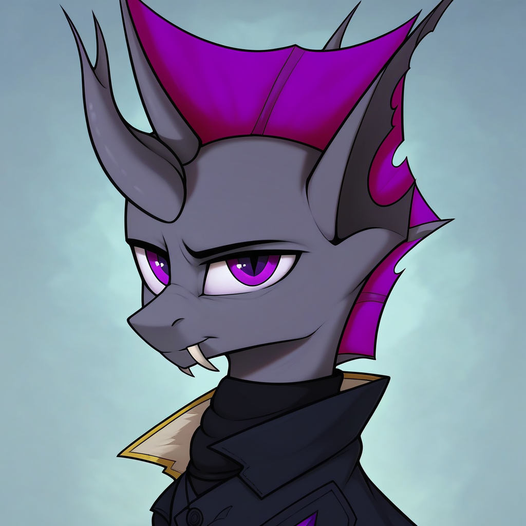 masterpiece, score_9_up, score_8_up, score_7_up, score_6_up, (best quality:1.1), ultra-detailed, high resolution, 1character, solo, male, Нептун Хербст, mlp, changeling, feral, ragged ears, (((beautiful detailed purple eyes))) , crooked horn, gray skin, purple membrane mane, coat, black neck warmer, portrait, fangs, looks straight at the viewer, simple background, highly visible, sharp focus, anatomically correct, extremely detailed