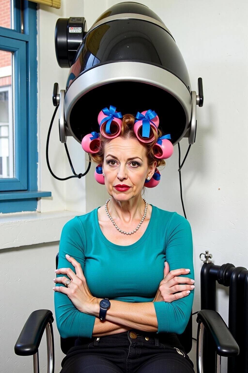 a woman is seated in a black chair with her arms crossed. She is wearing a teal long-sleeved t-shirt, adorned with a necklace and a bracelet. She is under a large vintage hair dryer, with curling curlers and pink curling hair. The curlers are secured by a blue ribbon, adding a pop of color to the scene. The backdrop is a stark white wall, and a window with a blue frame. A radiator is visible on the right side of the frame. <lora:vintage_hair_dryer_v1:1.0> <lora:Flux-Sch-SingleBlocks-BF16:1.0><lora:803949871582179873:0>