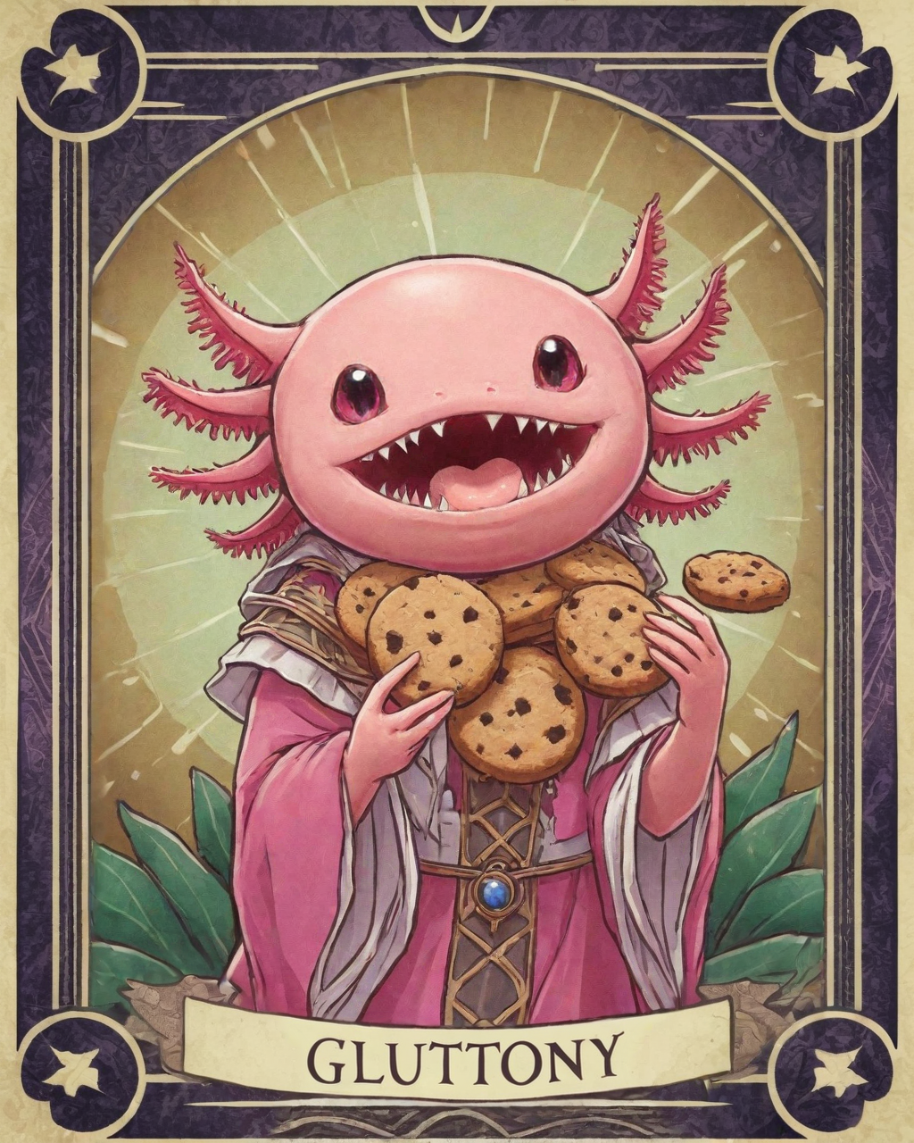 Tarot Card Style, axolotl eating a large amount of cookies,  axomodel2,  tarot card border,  <lora:Axomodelv2.1:0.8> <lora:DUSK_XL_TAROTCARD_dadapt_cos_5e4:1>   EyeDetail-SDXL