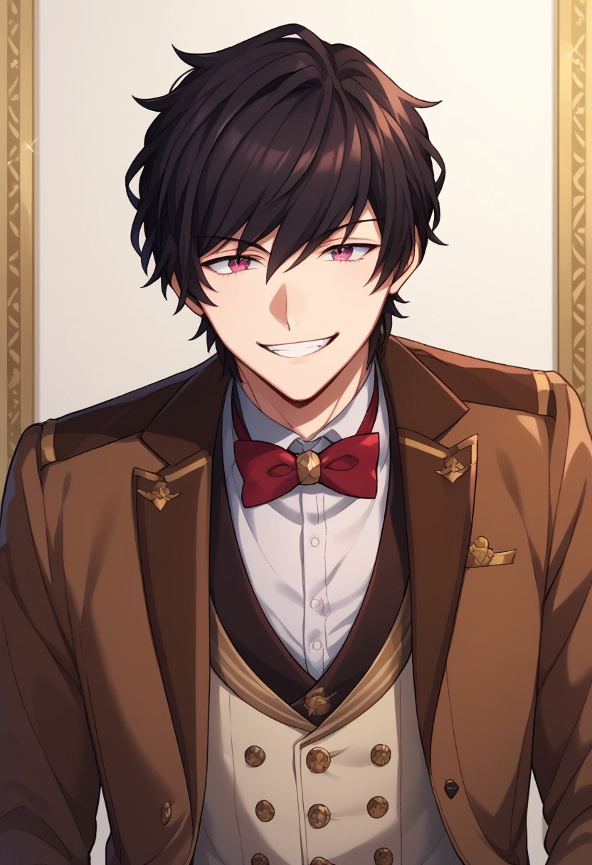 score_9, score_8_up, score_7_up, source_anime, highly detailed, 
faithbeams, 1boy, male focus, bowtie, solo, black hair, bow, smile, grin, looking at viewer,
red bow, brown jacket, red bowtie, vest, upper body,
jacket, pink eyes, long sleeves, brown vest, purple eyes, formal,
indoor, party