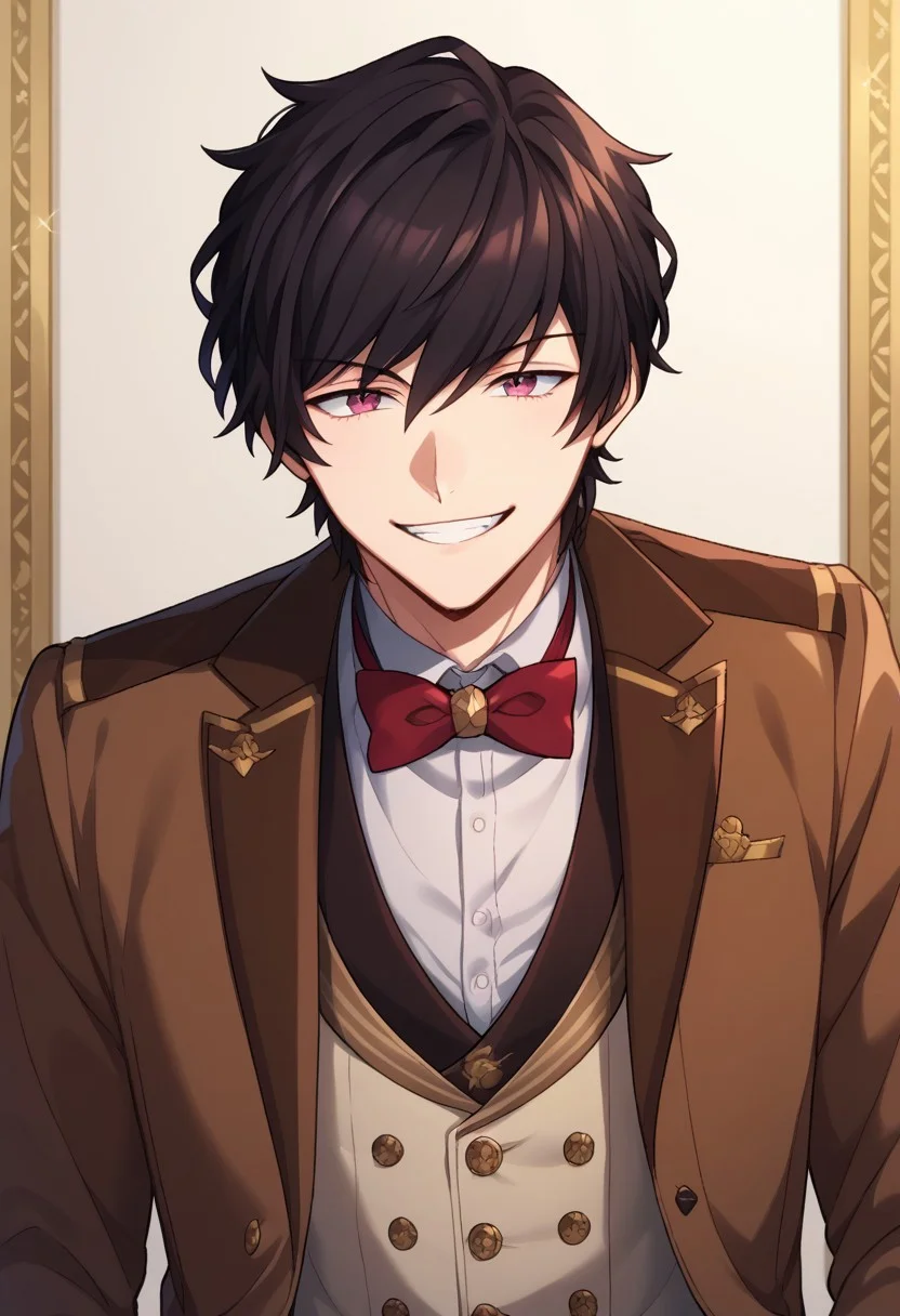 score_9, score_8_up, score_7_up, source_anime, highly detailed,
faithbeams, 1boy, male focus, bowtie, solo, black hair, bow, smile, grin, looking at viewer,
red bow, brown jacket, red bowtie, vest, upper body,
jacket, pink eyes, long sleeves, brown vest, purple eyes, formal,
indoor, party