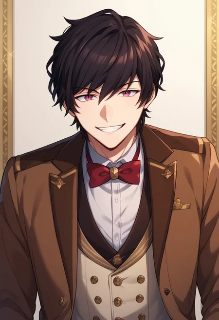 score_9, score_8_up, score_7_up, source_anime, highly detailed, 
faithbeams, 1boy, male focus, bowtie, solo, black hair, bow, smile, grin, looking at viewer,
red bow, brown jacket, red bowtie, vest, upper body,
jacket, pink eyes, long sleeves, brown vest, purple eyes, formal,
indoor, party