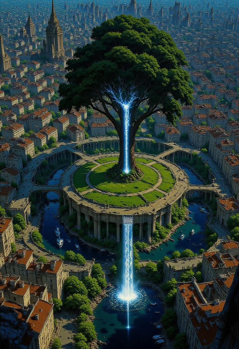 AnimeSky style, anime style, high lighting, Futuristic style city, with an octagon shape and canals that connect in the center of the city, the central focus is a large tree that emanates a blue light, a labyrinth surrounds the tree and connects with bridges between the canals towards the city,
high quality, best quality, masterpiece, high definition, high resolution