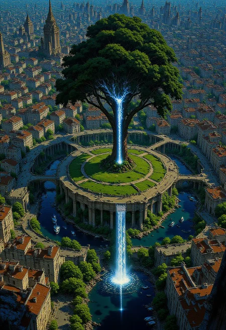 AnimeSky style, anime style, high lighting, Futuristic style city, with an octagon shape and canals that connect in the center of the city, the central focus is a large tree that emanates a blue light, a labyrinth surrounds the tree and connects with bridges between the canals towards the city,
high quality, best quality, masterpiece, high definition, high resolution