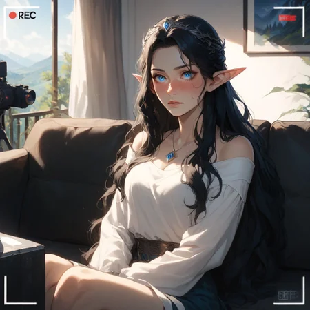 Fullmetal_alchemist style, triba1gir1XL, score_9, score_8_up, score_7_up, 1girl, Arwen_Undómiel, Arwen_(Lord_of_the_Rings), Evenstar, evenstar_pendant, pendant, jewelry, Arwen, elf, blue eyes, black hair, long hair, sidelocks, (embarrassed), sitting, full-face blush, on couch, (recording), media player interface, battery indicator, Scenery, indoors, (casting_couch:1.2)