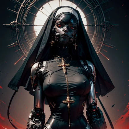 (score_9, score_8_up, score_7_up, zPDXL), (thick lineart, sharp edges, cel shading, linear hatching, black and white comic-noir aesthetics, film noir atmosphere, high contrast, duotone )
dutch angle, (dark-skinned female) nun, character design, sci-fi warrior women, feminine power, perfect anatomy, An enigmatic figure of a satanic, her dark habit_catsuit covers all her skin, conducting a sensual satanic ritual inside a dark cathedral during night under a red eclipse. Her eyeless mask, elaborate crown, fully conceals her identity, adding to her mystique and allure. gold stiletto platform thigh boots, naughty, looking at viewer, seducing with her body, dancing towards viewer with her arms posing, sexy ass seductive in the style of a vintage, high-contrast setting. Emphasize theatrical elements with extreme opposition of bright colors against dark, moody backgrounds, under a dark red sky, thighs, highly detailed, female focus, robot, cyborg , android, mechanical arms, cyborg, robot joints, mechanical parts, tube, spine, cybernetic neck, bionic torso, bionic skin