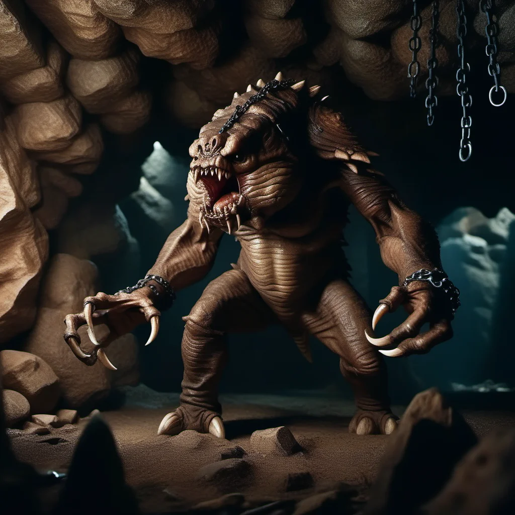 cinematic photo a full body portrait monster, claws, sharp teeth, cave, chains  <lora:Rancor1024:0.8> . 35mm photograph, film, bokeh, professional, 4k, highly detailed