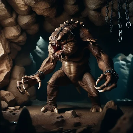 cinematic photo a full body portrait monster, claws, sharp teeth, cave, chains <lora:Rancor1024:0.8> . 35mm photograph, film, bokeh, professional, 4k, highly detailed