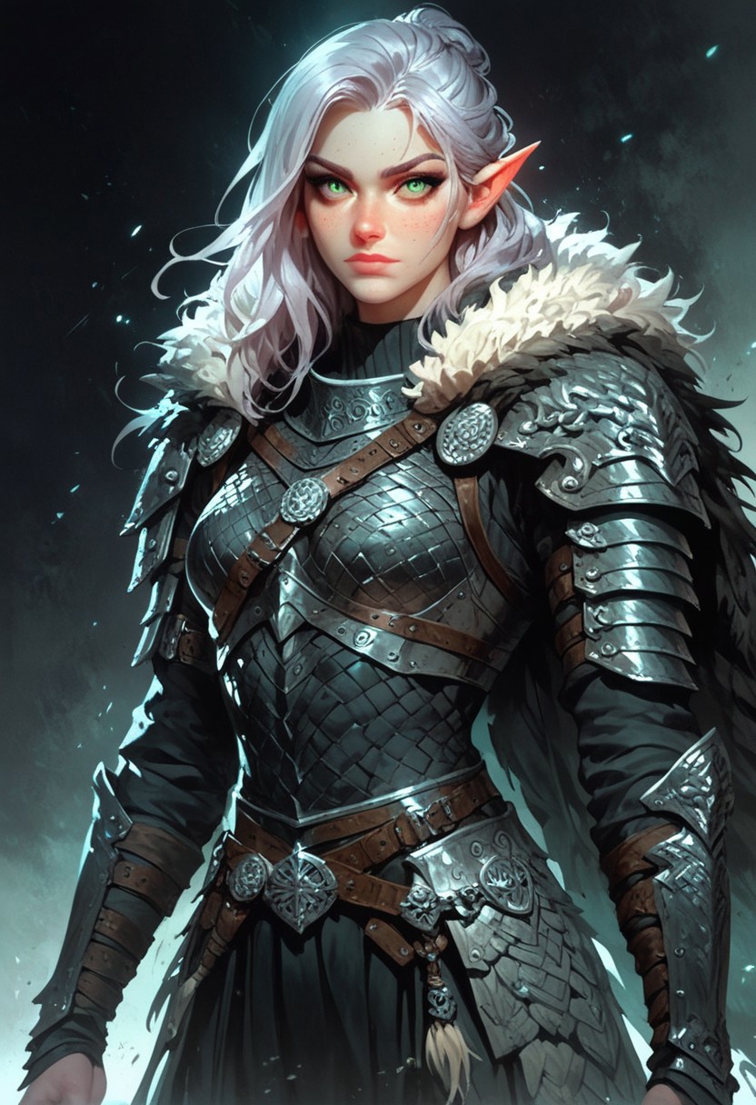 score_9, score_8_up, score_7_up, woman, simple background, dark background, green eyes, gorgeous, elf, fur outfit, black viking outfit, pale skin, solo, black heavy armour, black medieval armour, black chainmail, mythril armour, elven ornaments, fur cloak, standing up straight, calm face, runic tattoos, silver hair, closed mouth, cowboy shot