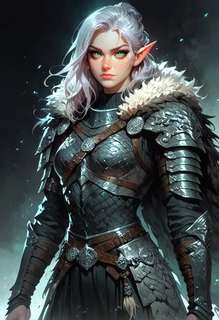 score_9, score_8_up, score_7_up, woman, simple background, dark background, green eyes, gorgeous, elf, fur outfit, black viking outfit, pale skin, solo, black heavy armour, black medieval armour, black chainmail, mythril armour, elven ornaments, fur cloak, standing up straight, calm face, runic tattoos, silver hair, closed mouth, cowboy shot