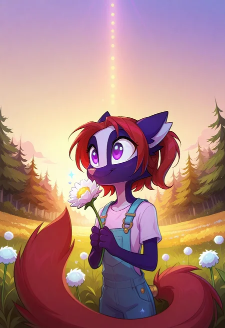 Dreamkeepers,Indi_and_Digo,1girl,solo,furry,tail,source_furry,,red hair,purple fur, purple eyes,
child, kid,
blowing a dandelion puff, seeds floating around her like glitter under golden-hour sunlight, her hair glowing softly., dandelion, blowing, glitter, golden_hour, smile, happy, cute, overalls, outdoor, nature, peaceful, pastel_colors