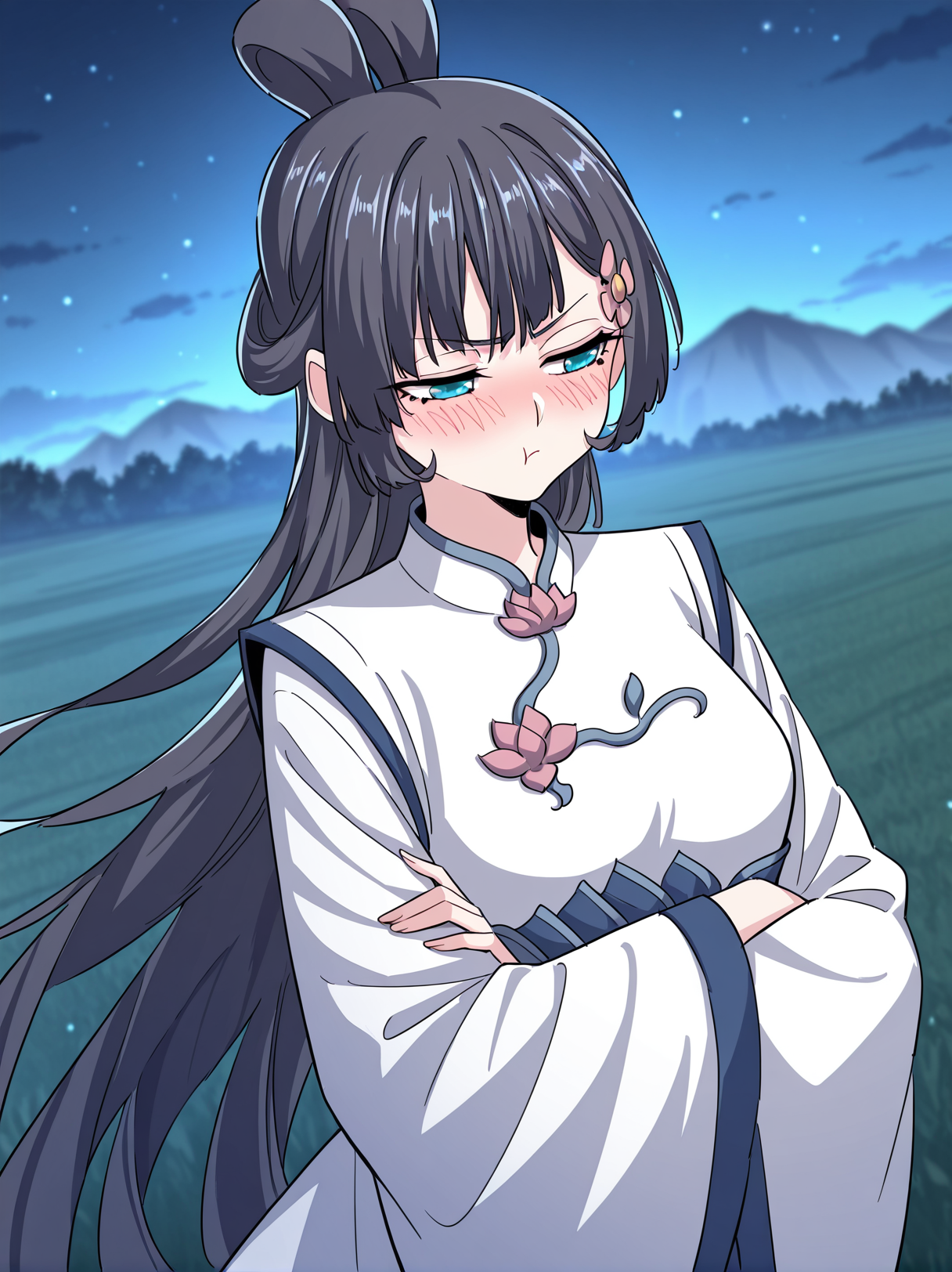 <lora:Yun_Shuang__Demon_Emperor__Illustrious:1>
1 girl, solo, long dark hair, blue eyes, side bangs, hair flower ornament, twin loop bun, 
white and blue hanfu, lotus pattern dress, floral brooch, wide sleeves, high collar, elegant outfit,
score_9, score_8_up, score_7_up, very aesthetic, source_anime, detailed, high quality, beautiful, masterpiece, detailed eyes, field, blurry background, pose dynamic angle, upper body, cowboy shot, floating hair, half-closed eyes, arms crossed, looking to the side, pouting, sulking, embarrassed, night