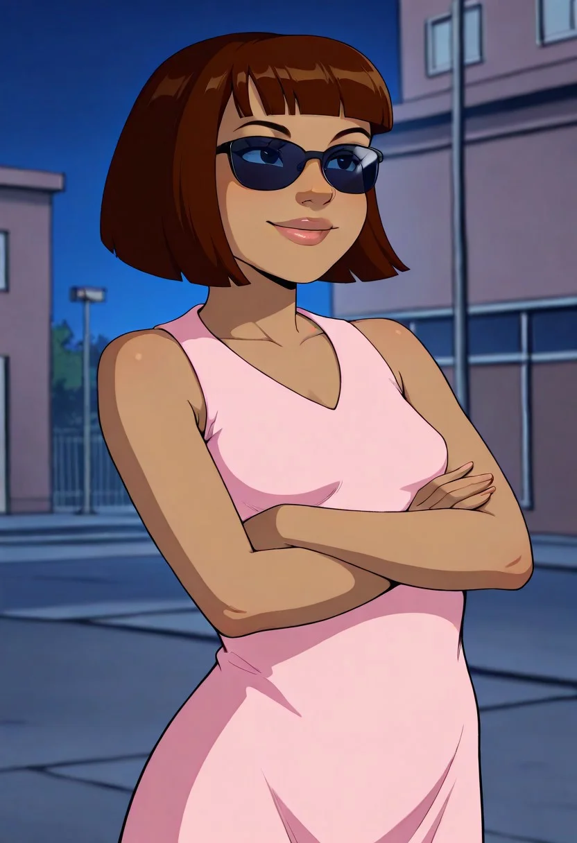 masterpiece, best quality, very aesthetic, highres, absurdres, tina, 1girl, solo, short hair brown hair, bob cut, bangs, dark skin, lips, black eyes, small breasts, pink dress, sleeveless, sunglasses, small breasts, standing, arms crossed, smile, outdoors, school, prom, night, cowboy shot, upper body, closeup,