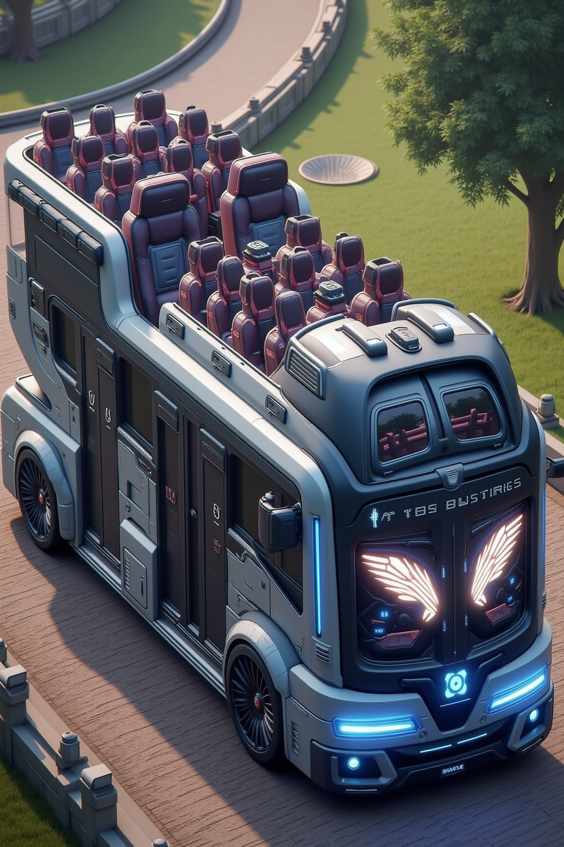 YFG-R1gs, A touch-simulating haptic bus, its seats and interfaces capable of simulating tactile sensations, delivers immersive experiences to a virtual reality theme park. The haptic busâs AI synchronizes with the parkâs simulations, creating a realistic and engaging experience. The surrounding park is a world of fantasy and adventure.