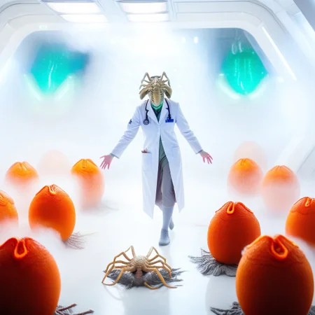 fchgr, blood orange style, xenoegg, view of a group of hatched xenoeggs, xenoeggs made of orange peel, horror theme, green light, space station interior, foggy ground, beautifully lit,
Female Doctor in lab coat with facehugger jumping at her, facehugger, alien facehugger