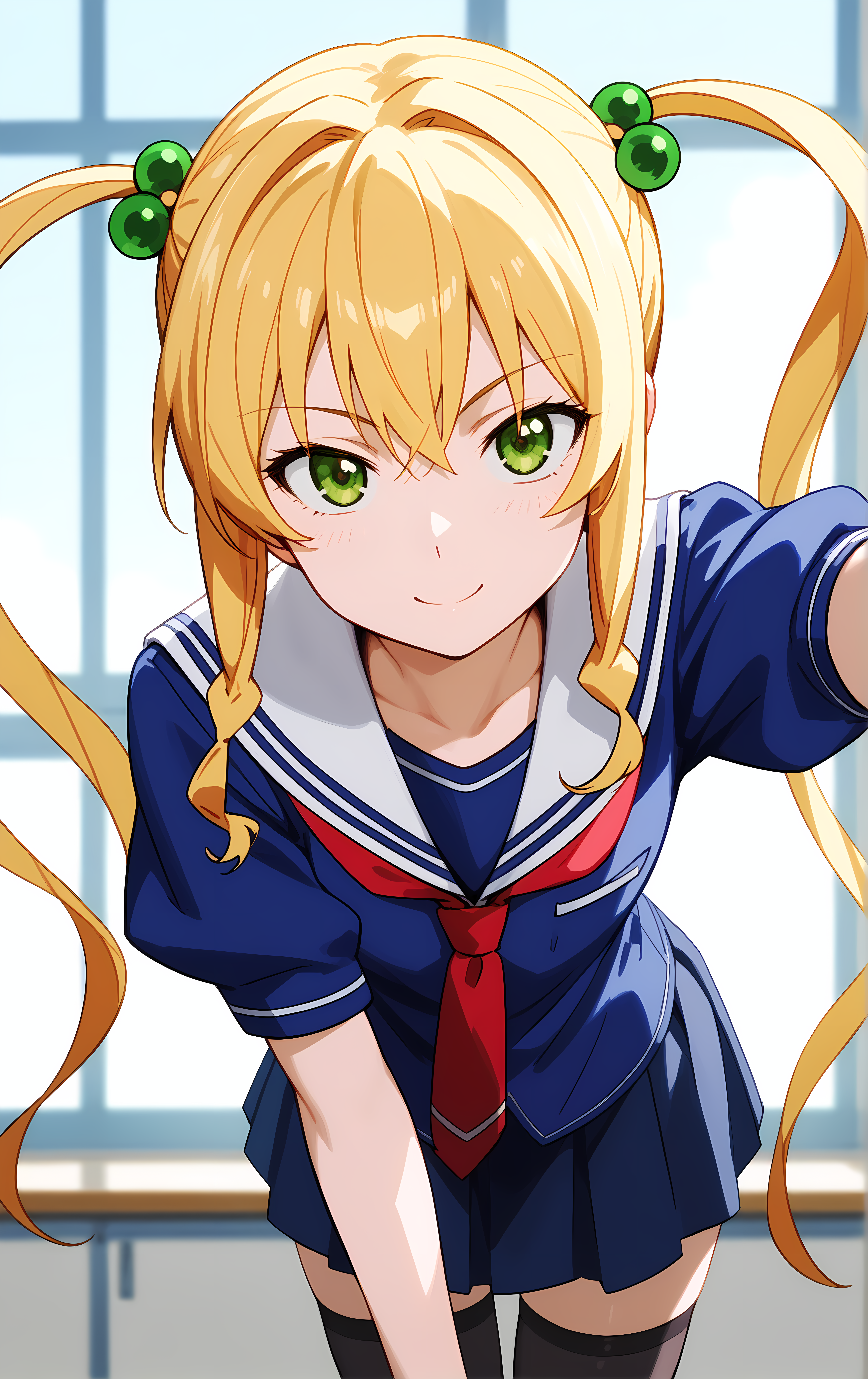 (score_9, score_8_up, score_7_up), 1girl, window, sunlight, classroom,
leaning forward, looking at viewer, closed mouth, seductive smile, tight clothes, close-up,
ohwx, 1girl, thighhighs, solo, blonde_hair, twintails, school_uniform, long_hair, skirt, zettai_ryouiki, hair_ornament, black_thighhighs, ribbon-trimmed_legwear, hair_bobbles,
<lora:himegami_kodama_pony_ss:1>