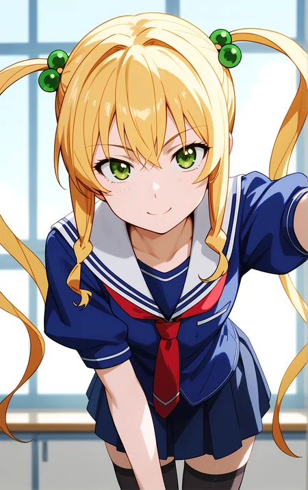 (score_9, score_8_up, score_7_up), 1girl, window, sunlight, classroom,
leaning forward, looking at viewer, closed mouth, seductive smile, tight clothes, close-up,
ohwx, 1girl, thighhighs, solo, blonde_hair, twintails, school_uniform, long_hair, skirt, zettai_ryouiki, hair_ornament, black_thighhighs, ribbon-trimmed_legwear, hair_bobbles,
<lora:himegami_kodama_pony_ss:1>