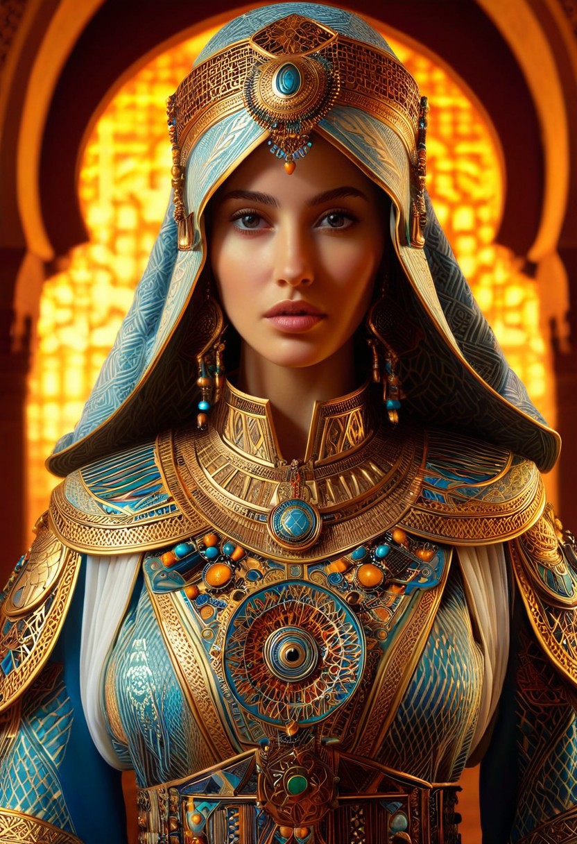 A hyper-realistic depiction of a single woman, focusing on her upper body, adorned in intricate, futuristic fantasy clothing that amalgamates the rich cultural heritage of Morocco and Tunisia, set against a backdrop that blends modern architectural elements with hints of ancient traditions, softly lit with a warm, golden light that accentuates the textures and patterns of her attire, in the style of a detailed digital painting, with a shallow depth of field that emphasizes her facial expression and the elaborate details of her garments.