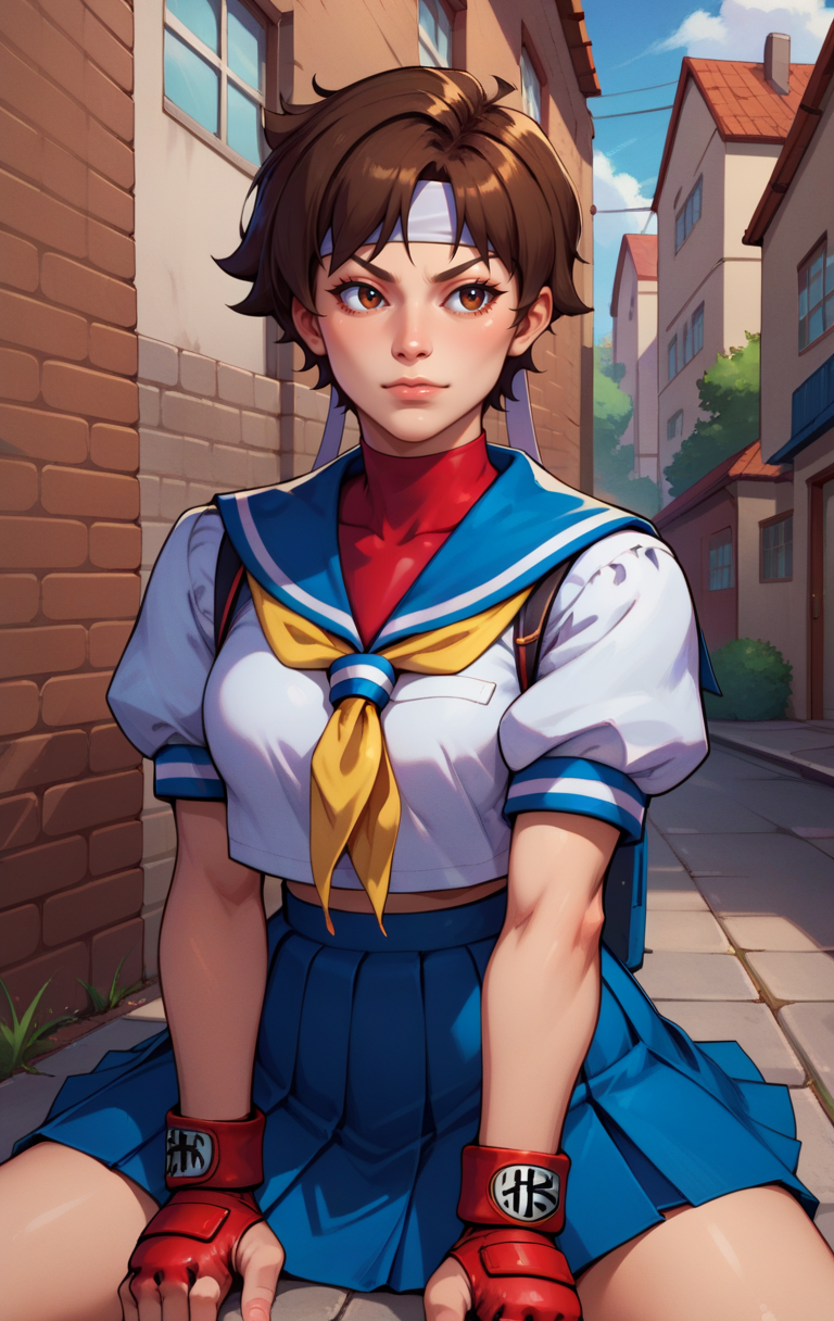 score_9, score_8_up, score_7_up, BREAK,  <lora:Sakura:1> sakurasfvSDXL, 1girl, short hair, skirt, brown hair, gloves, brown eyes, school uniform, pleated skirt,  serafuku, puffy sleeves, fingerless gloves, sailor collar, blue skirt, neckerchief, headband, blue sailor collar,  kasugano sakura, street background, sitting