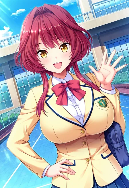 general,highres, ultra-detailed,very aesthetic,best quality ,best hands,best eyes,easynegative,
dynamic anglre, dutch angle, anime cloring,anime screencap,
1girl solo,looking at viewer,school, outdoors, smile,open mouth, smile,waving hand, hand on hip,
Natsuki Himenogi,red hair, yellow eyes, huge_breasts,school uniform,