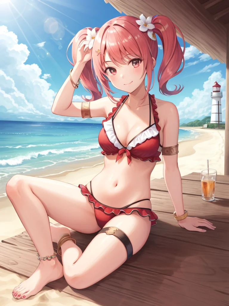 <lora:Mae_FE-10:0.6>, mae fe, 1girl, solo, looking at viewer, smile, beach, lighthouse, pier, hair ornament, navel, cleavage, twintails, jewelry, medium breasts, sitting, closed mouth, swimsuit, full body, flower, bikini, frills, barefoot, hair flower, bracelet, thigh strap, armlet, red bikini, anklet