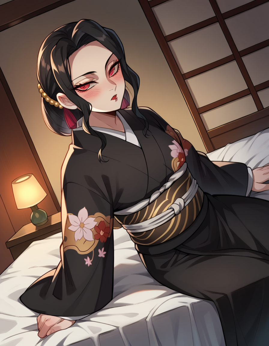 score_9, score_8_up, score_7_up, source_anime,
muzankibutsuji, <lora:muzan-kibutsuji-ponyxl-lora-nochekaiser:1>,
muzan kibutsuji, black hair, hair ornament, red eyes, red lips,
japanese clothes, wide sleeves, kimono, sash, obi, floral print, black kimono,
indoors, bed, bed room, on side, blush, drunk,
solo, dutch angle, looking at viewer, cowboy shot,