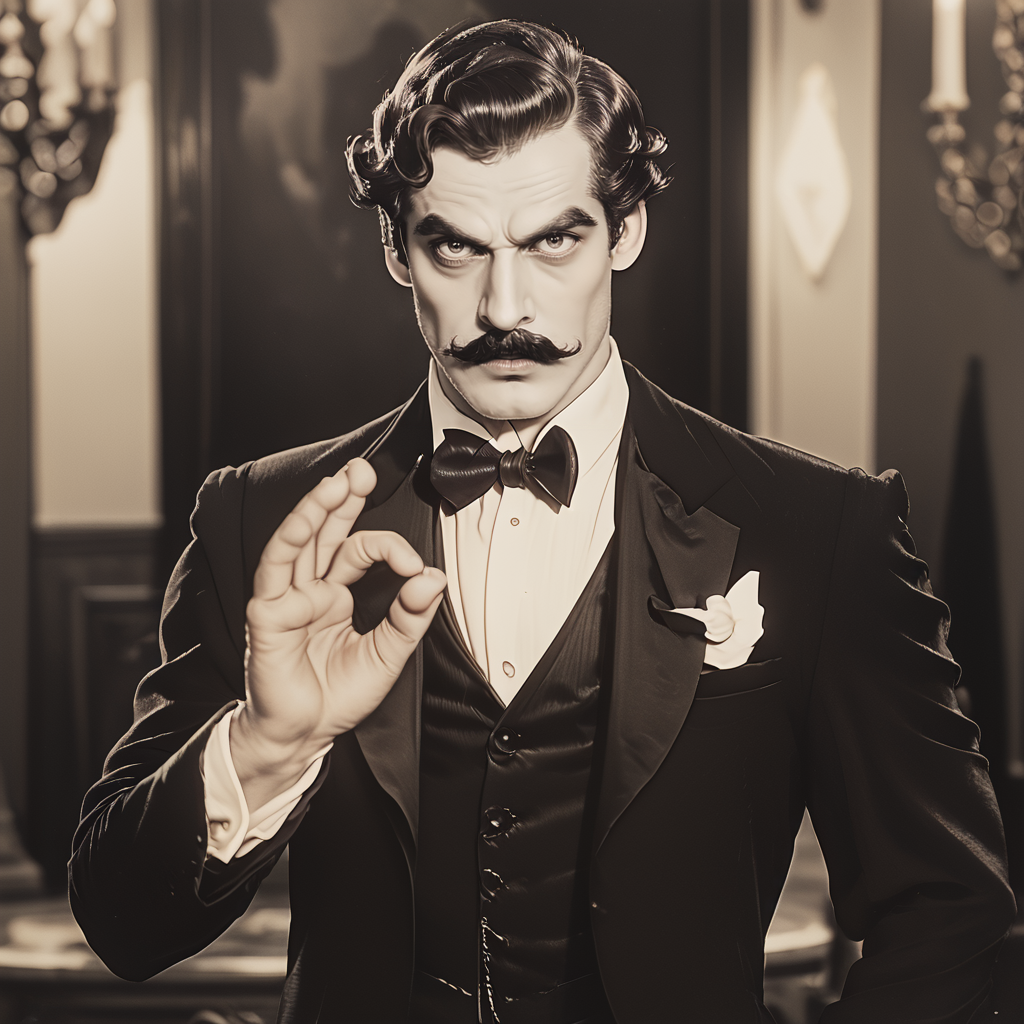 core_9, score_8_up, score_7_up, score_6_up, <lora:20s_Silent_MoviePo:1> ArsMovieStill, 20s Silent Movie Still, Black and White, The image is a black and white photograph of a man in a formal attire. He is wearing a tuxedo with a black bow tie and a white pocket square on his lapel. He has a mustache and is looking directly at the camera with a serious expression on his face. His left hand is raised in a gesture as if he is gesturing with his right hand. The background is blurred but it appears to be a room with a chandelier and other decorative items. The overall mood of the image is serious and sophisticated., 1boy, male focus, mustache, solo, bow, bowtie, monochrome, facial hair, looking at viewer, upper body