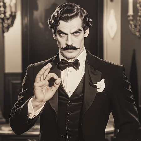 core_9, score_8_up, score_7_up, score_6_up, <lora:20s_Silent_MoviePo:1> ArsMovieStill, 20s Silent Movie Still, Black and White, The image is a black and white photograph of a man in a formal attire. He is wearing a tuxedo with a black bow tie and a white pocket square on his lapel. He has a mustache and is looking directly at the camera with a serious expression on his face. His left hand is raised in a gesture as if he is gesturing with his right hand. The background is blurred but it appears to be a room with a chandelier and other decorative items. The overall mood of the image is serious and sophisticated., 1boy, male focus, mustache, solo, bow, bowtie, monochrome, facial hair, looking at viewer, upper body