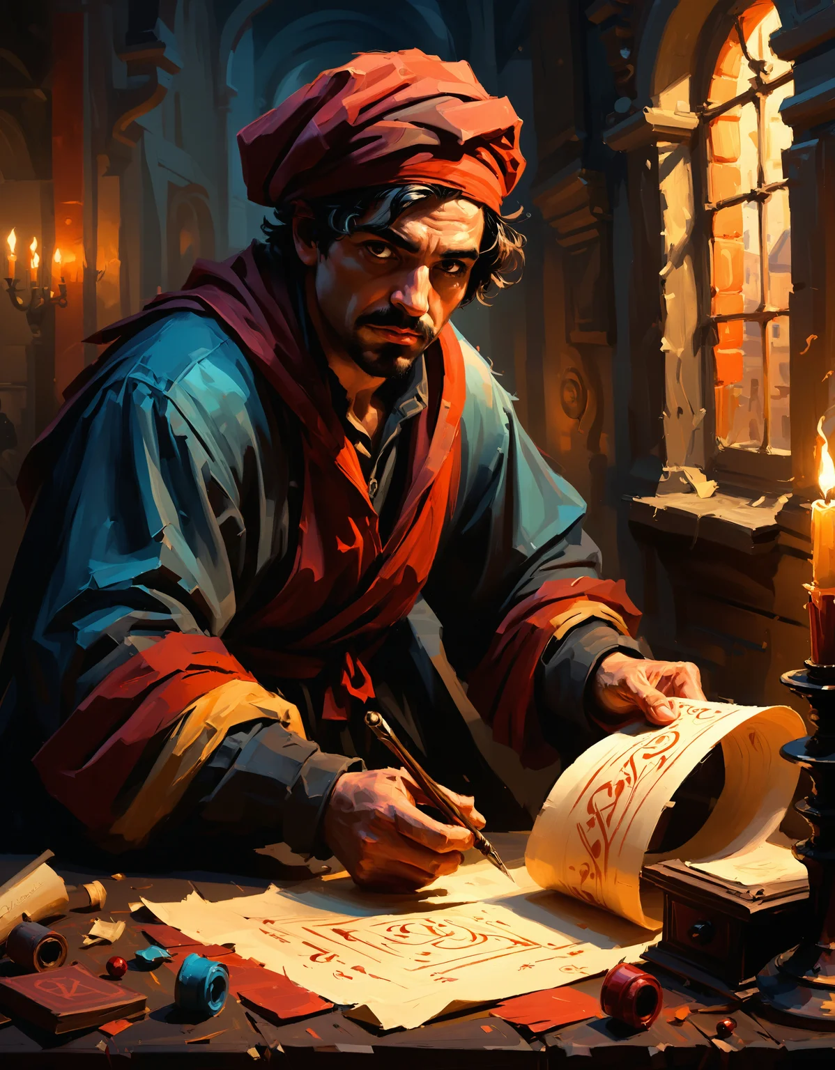 zavy-rghpnt, "Scroll Thief", deep focus, Wonder, Amaro, dynamic composition, complex, complimentary colors, illustrious, theatrical, detailed, advanced cinematic perfect light, highly color focused