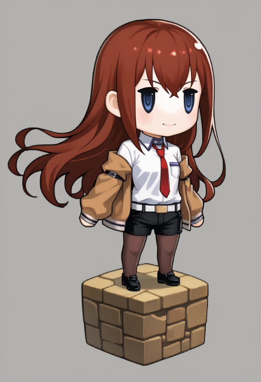 score_9, score_8_up, score_7_up, source_anime, 1girl, solo, smile, closed mouth
 <lora:zs_PictlogicaStyleXL:1> ffpictlogicastyle, chibi, full body, faux figurine
 <lora:steinsgate_makise_ponyXL:1> makise kurisu, brown jacket, off shoulder, white shirt, red necktie, black shorts, pantyhose, legwear under shorts, white belt, black shoes