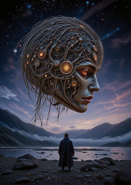 A massive, intricate mechanical head floating above a person in a long robe on a rocky shoreline, set against a dark, starry sky with mountains and a body of water in the background. The mechanical head is composed of countless interconnected pipes, gears, and mechanical components, illuminated by warm and cool lights, casting an otherworldly glow. The person stands in awe, facing the head, while the landscape reflects the cosmic and natural beauty of the scene., <lora:moxiePunk_v20.safetensors:0.8:0.8> <lora:Sinfully_Stylish_.02_for_FLUX-000002.safetensors:0.8:0.8>