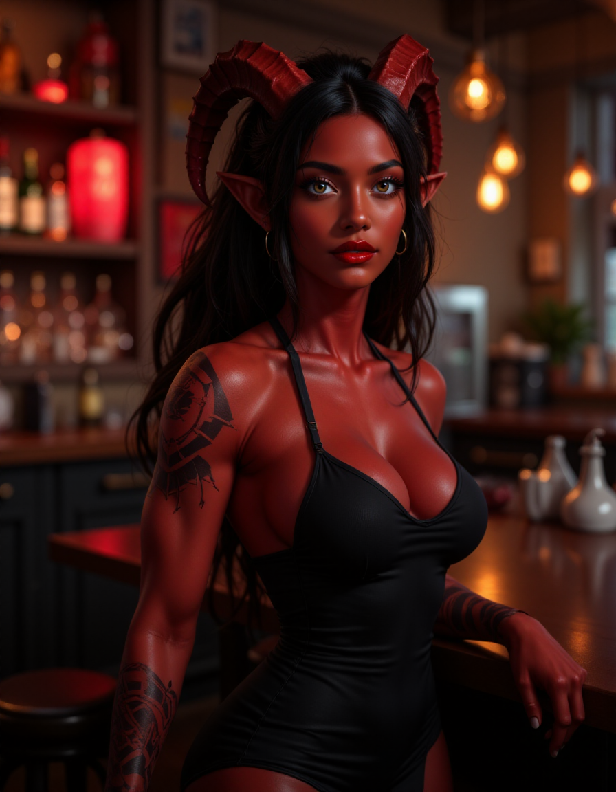 Jed-Tflng, brown eyes, tattoos,  red lips, tall muscular female Tiefling, large red curved horns, deep red skin , wearing a black dress, inside a bar, <lora:Tiefling_epoch_6:1>,
