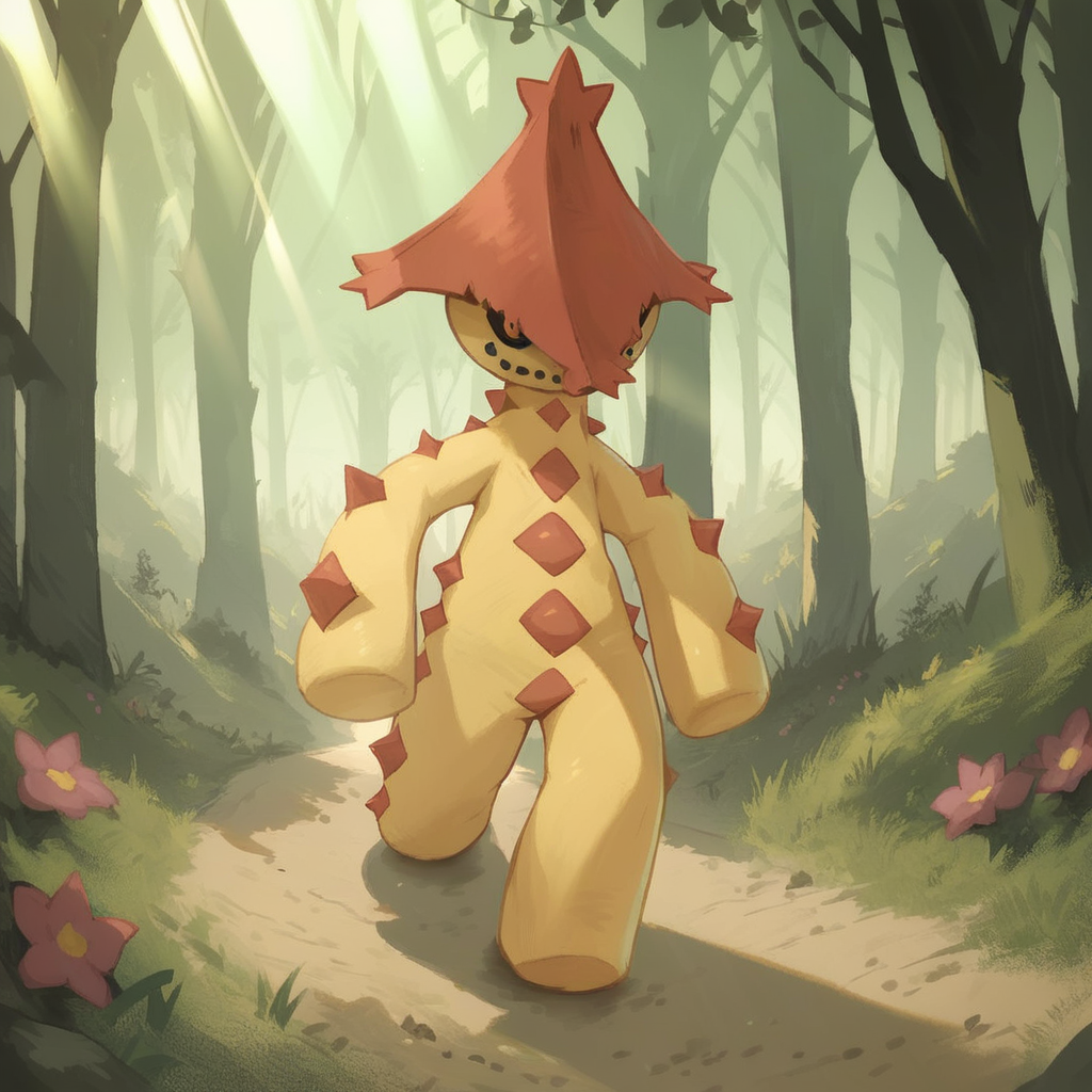 Score_7_up, score_8_up, cacturne, plant humanoid, cactus, yellow body, shiny pokemon, full body, detailed background, forest, walking, looking offscreen, light rays, scenery, flowers,