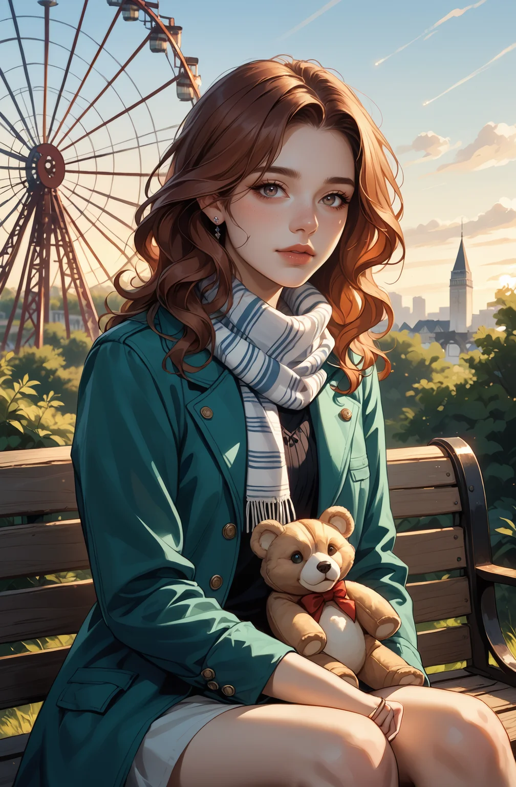 score_9_up, score_8_up, score_7_up, masterpiece, highly detailed, 8k, photorealistic, twilight at a quiet amusement park, glowing Ferris wheel lights reflecting softly on the ground, a single figure enjoying the serene ambiance BREAK empty pathways lined with colorful booths, faint carnival music playing in the distance, a gentle breeze rustling the fabric of abandoned stalls, creating a peaceful yet nostalgic setting BREAK sweet woman, long wavy auburn hair flowing freely, soft hazel eyes glowing with a mix of joy and calm, wearing a light scarf over a casual jacket, sitting alone on a wooden bench near the Ferris wheel, holding a small stuffed toy, her expression thoughtful and content, exuding a blend of charm and nostalgia <lora:S1_Dramatic_Lighting_v2:0.3> s1_dram <lora:t4tsXLP:0.6>