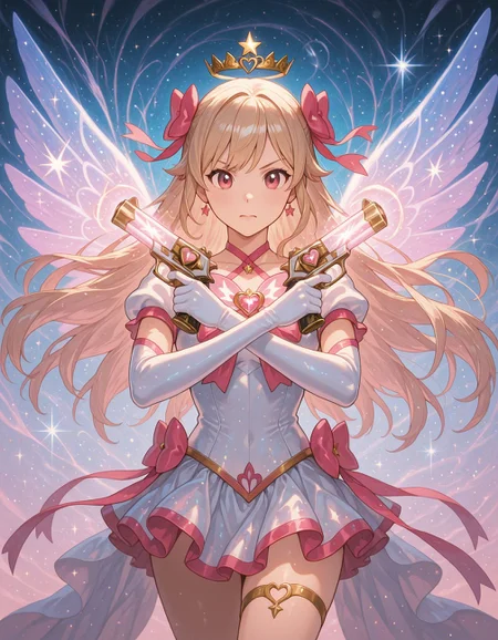 Flatline, Flat vector illustration,,masterpiece, best quality, good quality, very aesthetic, absurdres, newest, 8K, depth of field, focused subject, dynamic angle, A hyper-realistic magical girl mid-transformation, crossing two heart-shaped or gem-embedded pistols in an X pose. Sparkles, ribbons, and glowing symbols swirl around her as her costume changes into its final form. Focus on glossy fabrics, shimmering magic, and soft light effects. <lora:XPistolPoseIL:1> x pistol pose