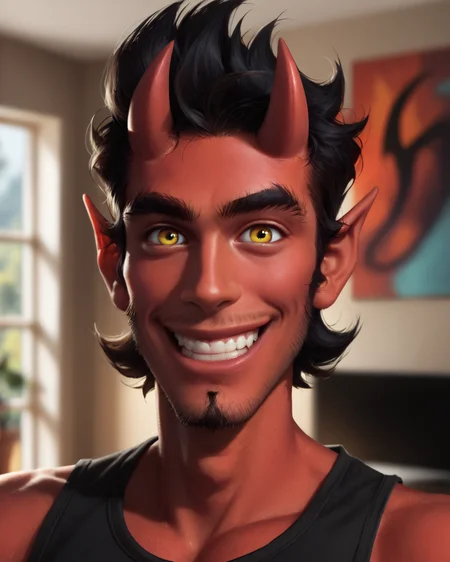 score_9, score_8_up, score_7_up, intricate details, rating_questionable,
<lora:homri52:1>
,
<lora:Hellbent_Planet_Dolan_Demon_Youtube_:0.8>, 1boy(Hellbent, Red skin, Yellow eyes, goatee facial hair, black hair, horns, demon tail, thick eyebrows, male, looking at the viewer, solo, happy,
portrait, face focus, tank top), cozy living room,
highres,
detailed background, depth of field,
<lora:ral-chrosc-clr:0.5>, ral-chrosc-clr,
<lora:Expressive_H:0.5>, Expressiveh,
<lora:xl_more_art-full_v1:0.3>,
<lora:add-detail-xl:0.3>,