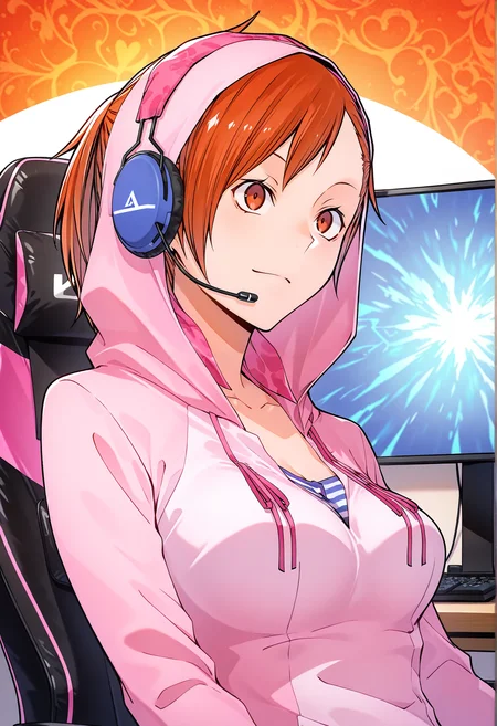 pink hoodie, 1girl, solo, tanigawa yuzu, devil survivor, gaming chair, upper body, headset, monitor, hood up,
<lora:Yuzu_Tanikawa-IL:1>