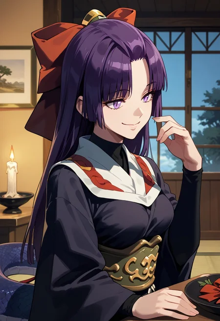score_9,score_8_up,score_7_up,source_anime, SHIKOKU_(MATO_SEIHEI_NO_SLAVE),1girl,solo,long hair,breasts,smile,long sleeves,bow,closed mouth,purple eyes,upper body,purple hair,hair bow,japanese clothes,indoors,kimono,red bow,snake,candle,
