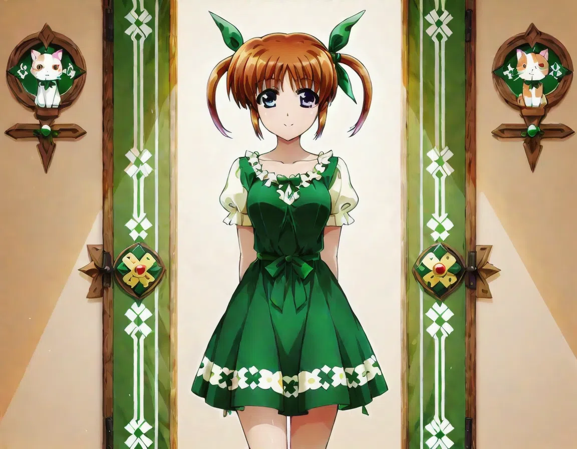 highres, best quality, masterpiece, Cute lucky cat, \(medium breasts, medium thighs, Saint Patrick's Day suit, Saint Patrick's Day dress:1.2\), \(indirect lighting, volumetric lighting, subsurface scattering:1.2\), 5K resolution, \(vibrant colors:1.0\), \(Best Work:1.3\), masterpiece quality, \(anime art style:1.1\), \(hi res:1.2\), \(first person view:1.2\), sq celtic, Nanoha, nanoha